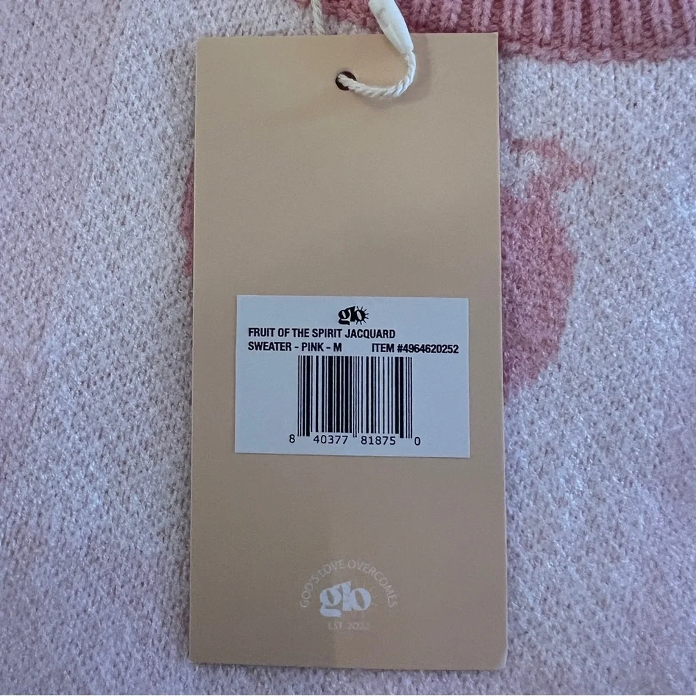 GLO Fruit of the Spirit Pink Jacquard Sweater Cherry Strawberry Size M - Picture 8 of 11